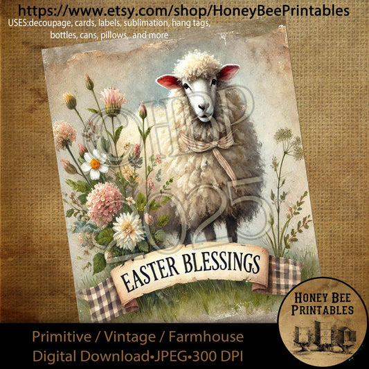 Digital Download, Printable, Decoupage, Primitive, Craft Supplies, Vintage, Rustic, Easter, Lamb, Sheep, Easter Blessings, Spring, Religious