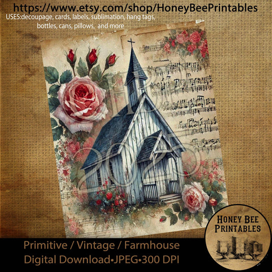 Digital Download, Printable, Decoupage, Primitive, Craft Supplies, Vintage, Rustic, Shabby, Valentine, Roses, Chapel, Church, Music, #1