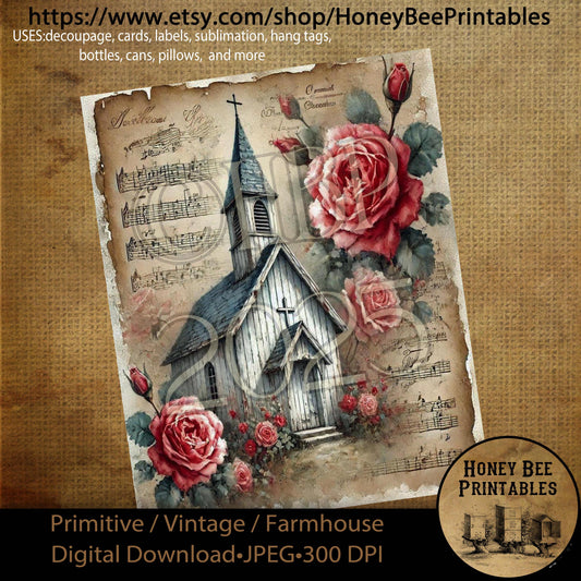 Digital Download, Printable, Decoupage, Primitive, Craft Supplies, Vintage, Rustic, Shabby, Valentine, Roses, Chapel, Church, Music, #2