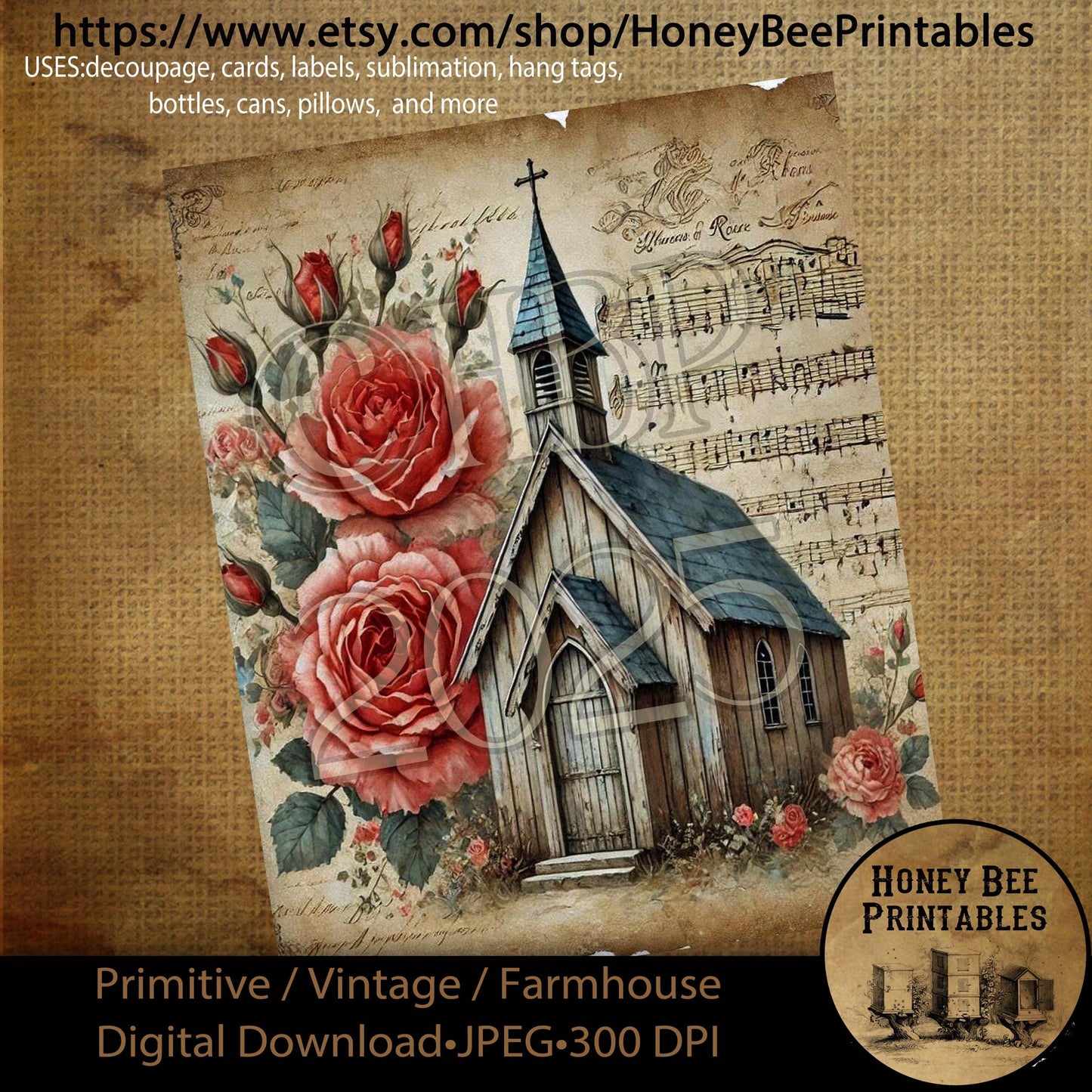 Digital Download, Printable, Decoupage, Primitive, Craft Supplies, Vintage, Rustic, Shabby, Valentine, Roses, Chapel, Church, Music, #3