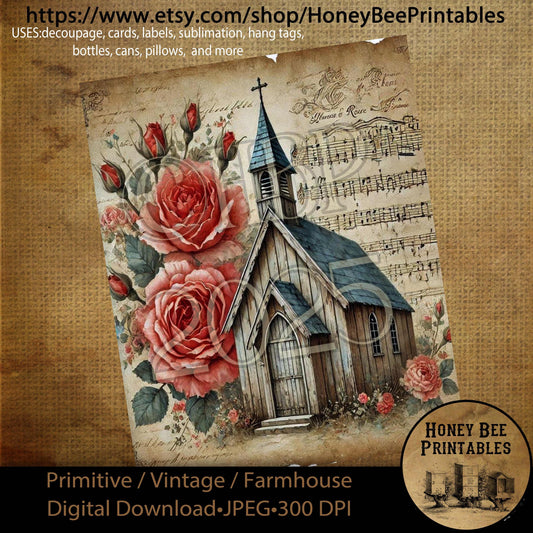 Digital Download, Printable, Decoupage, Primitive, Craft Supplies, Vintage, Rustic, Shabby, Valentine, Roses, Chapel, Church, Music, #3