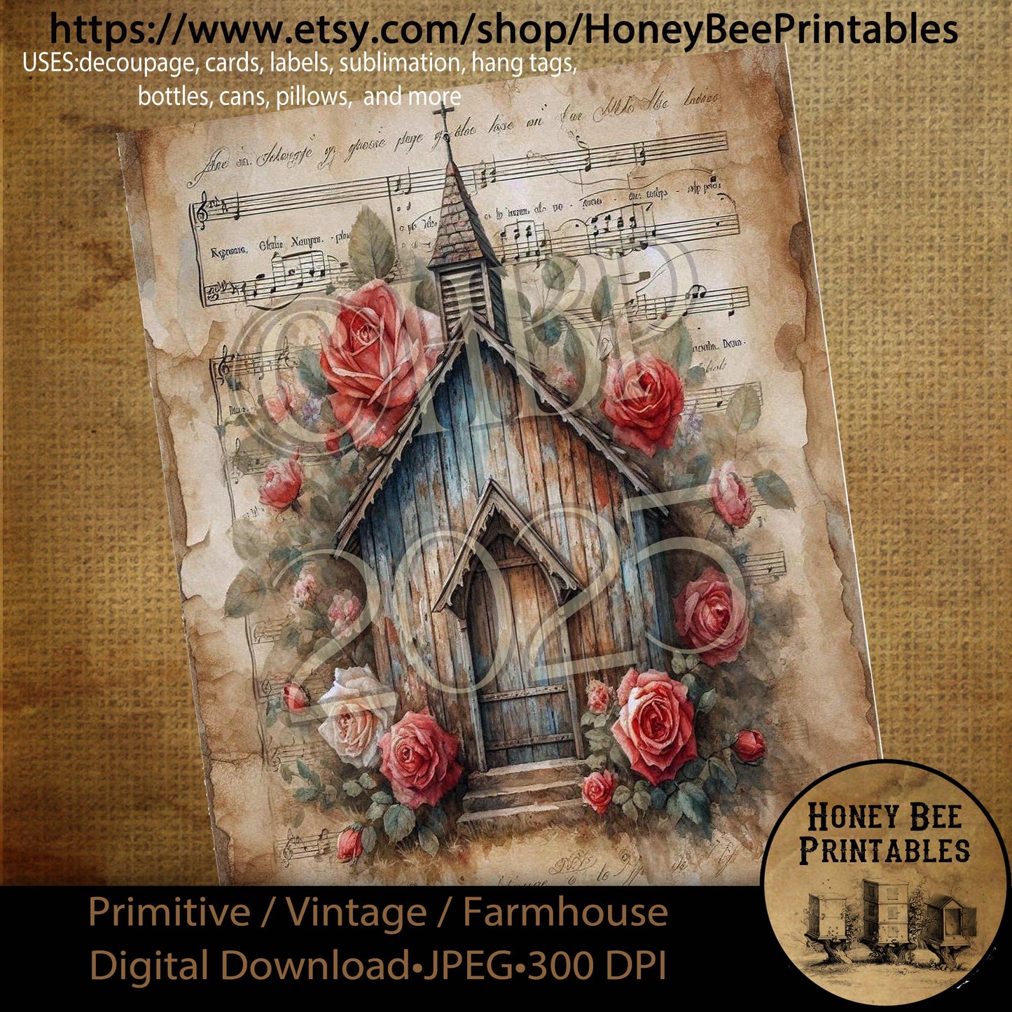 Digital Download, Printable, Decoupage, Primitive, Craft Supplies, Vintage, Rustic, Shabby, Valentine, Roses, Chapel, Church, Music, #4