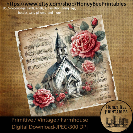 Digital Download, Printable, Decoupage, Primitive, Craft Supplies, Vintage, Rustic, Shabby, Valentine, Roses, Chapel, Church, Music, #1, 8x8
