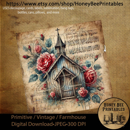 Digital Download, Printable, Decoupage, Primitive, Craft Supplies, Vintage, Rustic, Shabby, Valentine, Roses, Chapel, Church, Music, #3, 8x8