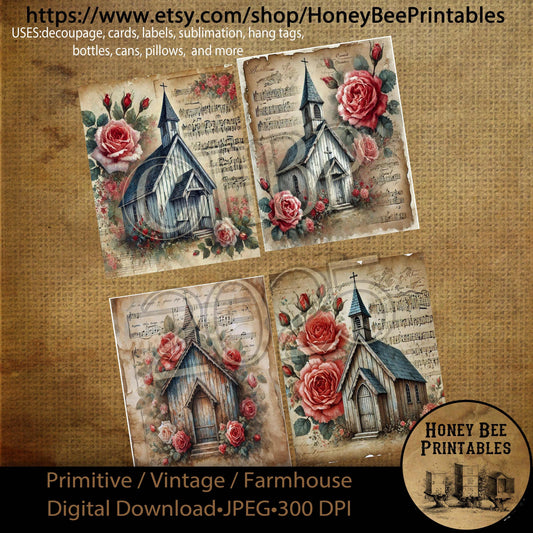 Digital Download, Art, Printable, Decoupage, Primitive, Vintage, Craft Supplies, 4x5, Rustic, Valentine, Roses, Chapel, Church, Love, Music