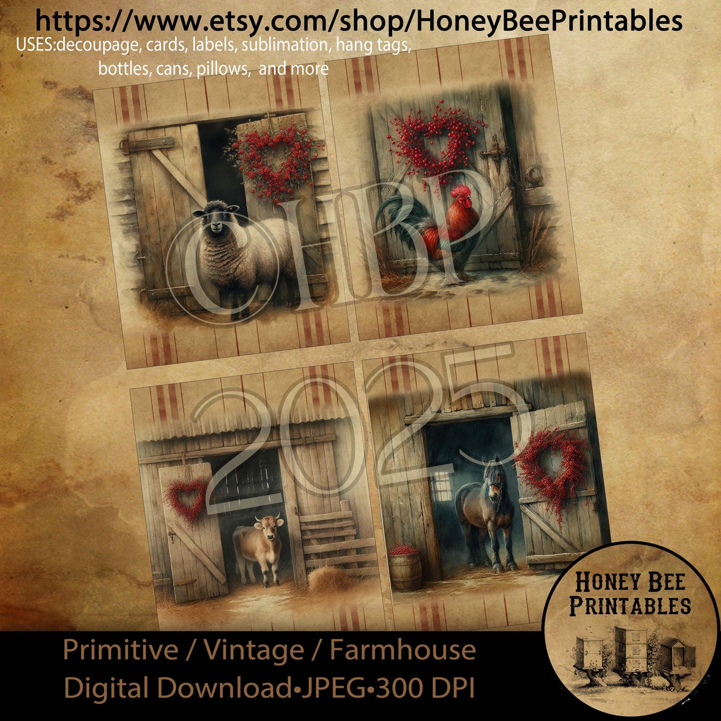 Digital Download, Art, Printable, Decoupage, Primitive, Vintage, Craft Supplies, Valentine, Farm, Barn, Animals, Cow, Horse, Rooster, Sheep