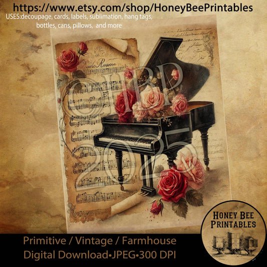Digital Download, Printable, Decoupage, Primitive, Craft Supplies, Vintage, Rustic, Shabby, Valentine, Roses, Music, Grand Piano, Romantic