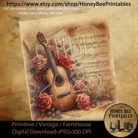 Digital Download, Printable, Decoupage, Primitive, Craft Supplies, Vintage, Rustic, Shabby, Valentine, Roses, Music, Guitar, Romantic