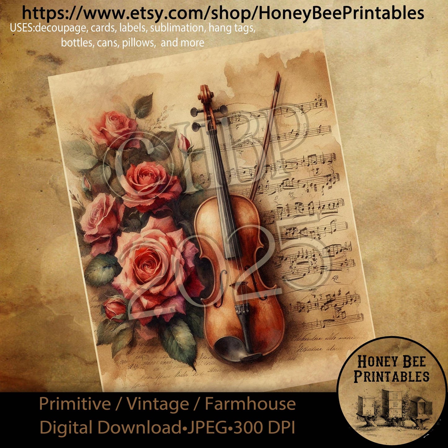 Digital Download, Printable, Decoupage, Primitive, Craft Supplies, Vintage, Rustic, Shabby, Valentine, Rose, Music, Romantic, Violin, Fiddle