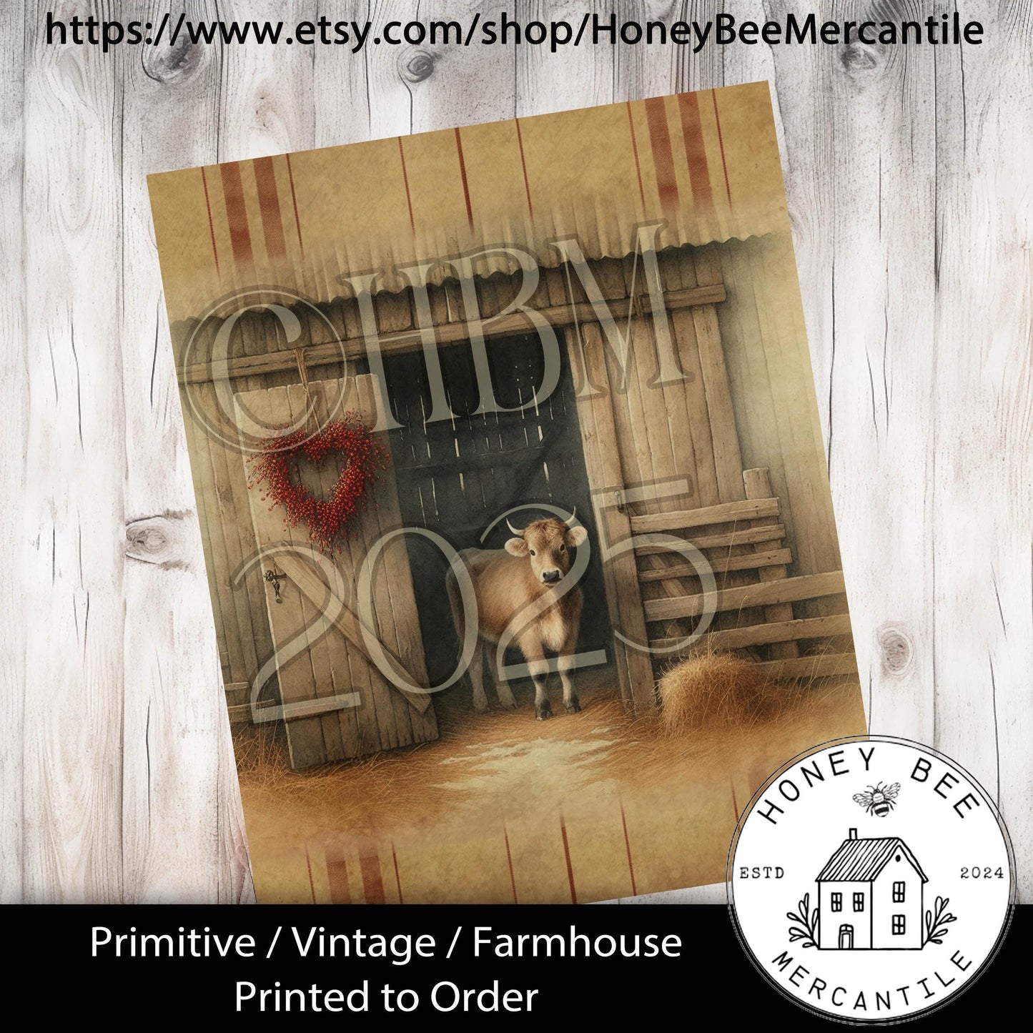 Digital Download, Printable, Decoupage, Primitive, Craft Supplies, Vintage, Rustic, Valentine, Farm, Animals, Heart, Wreath, Cow