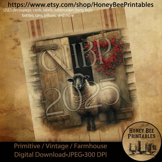 Digital Download, Printable, Decoupage, Primitive, Craft Supplies, Vintage, Rustic, Valentine, Farm, Animals, Heart, Wreath, Sheep