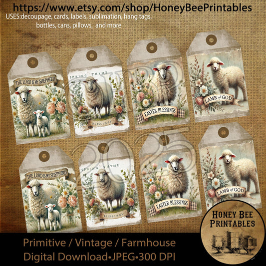 Digital Download, Digital Art, Printable, Decoupage, Primitive, Craft Supplies, Cards, Sheep, Lamb, Easter Blessings, Shepherd, Hang Tags