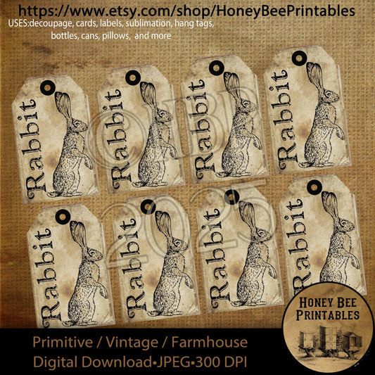 Digital Download, Digital Art, Printable, Decoupage, Primitive, Craft Supplies, Hang Tags, Rabbit, Bunny, Word Art, Spring, Scrapbook, Tags