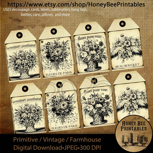 Digital Download, Digital Art, Printable, Decoupage, Primitive, Craft Supplies, Hang Tags, Word Art, Spring, Scrapbook, Tags, Paris, Flowers