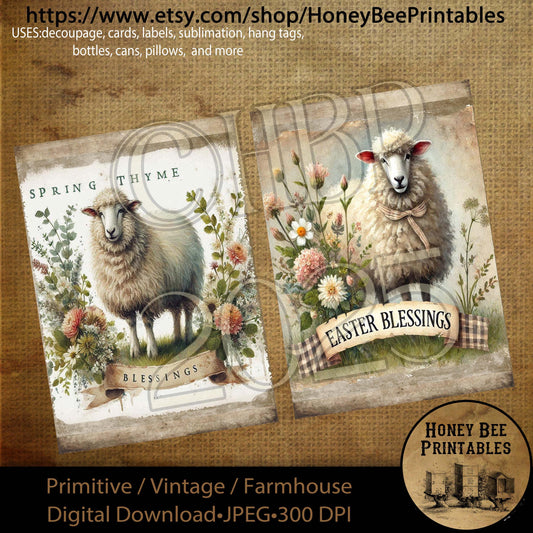 Digital Download, Digital Art, Printable, Decoupage, Primitive, Craft Supplies, 5x7, Sheep, Lamb, Easter Blessings, Spring Thyme Blessings