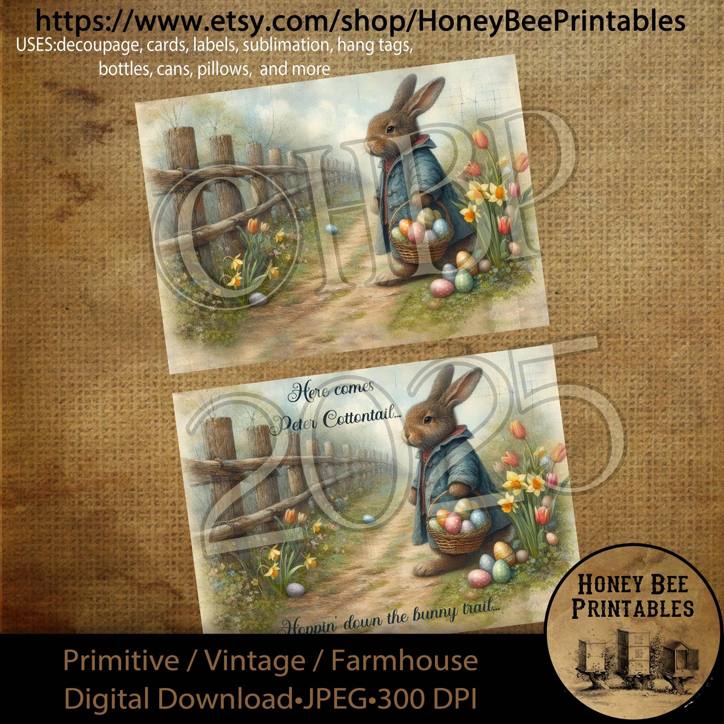 Digital Download, Digital Art, Printable, Decoupage, Primitive, Craft Supplies, 5x7, Peter Cottontail, Rabbit, Bunny Trail, Easter, Basket