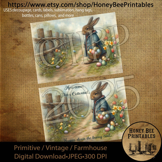 Digital Download, Digital Art, Printable, Decoupage, Primitive, Craft Supplies, 5x7, Peter Cottontail, Rabbit, Bunny Trail, Easter, Basket
