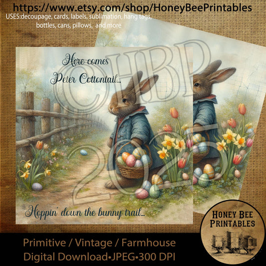 Digital Download, Printable, Decoupage, Primitive, Craft Supplies, Vintage, 8x8, Peter Cottontail, Bunny Trail, Easter, Basket, Rabbit, Eggs