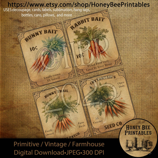 Digital Download, Digital Art, Printable, Decoupage, Primitive, Craft Supplies, 3x3.75, Easter, Bunny Trail, Carrot, Bunny Bait, Rabbit Bait