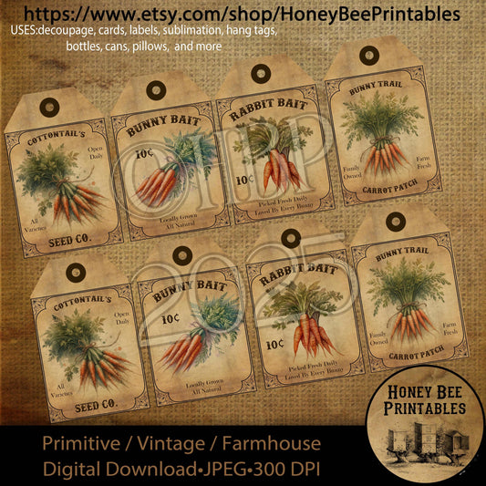 Digital Download, Digital Art, Printable, Decoupage, Primitive, Craft Supplies, Hang Tags, Carrots, Bunny Bait, Rabbit Bait, Carrot Patch