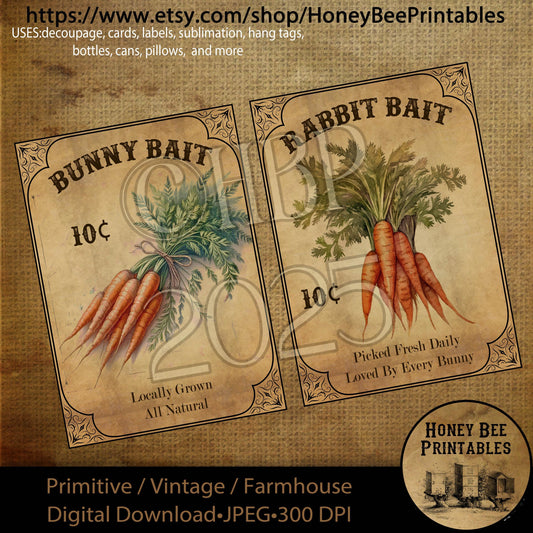 Digital Download, Digital Art, Printable, Decoupage, Primitive, Craft Supplies, 5x7, Set/2, Bunny Bait, Rabbit Bait, Carrots, Rabbit, Easter