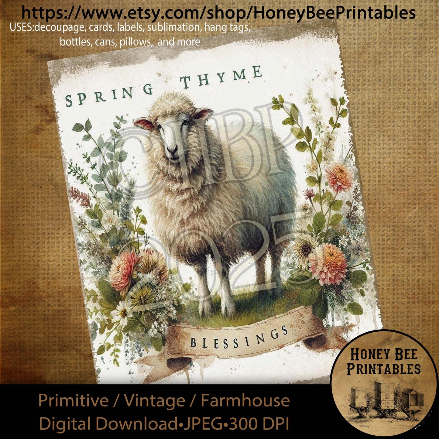 Digital Download, Printable, Decoupage, Primitive, Craft Supplies, Vintage, Rustic, Easter, Lamb, Sheep, Spring Thyme Blessings, Spring