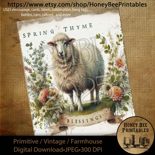 Digital Download, Printable, Decoupage, Primitive, Craft Supplies, Vintage, Rustic, Easter, Lamb, Sheep, Spring Thyme Blessings, Spring