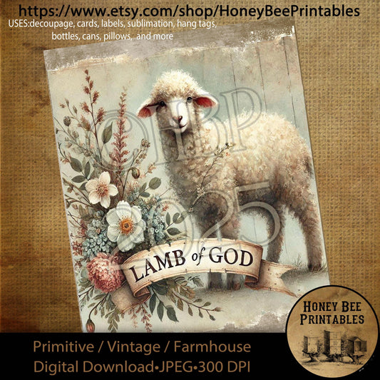 Digital Download, Printable, Decoupage, Primitive, Craft Supplies, Vintage, Rustic, Easter, Lamb, Sheep, Lamb of God, Floral, Spring
