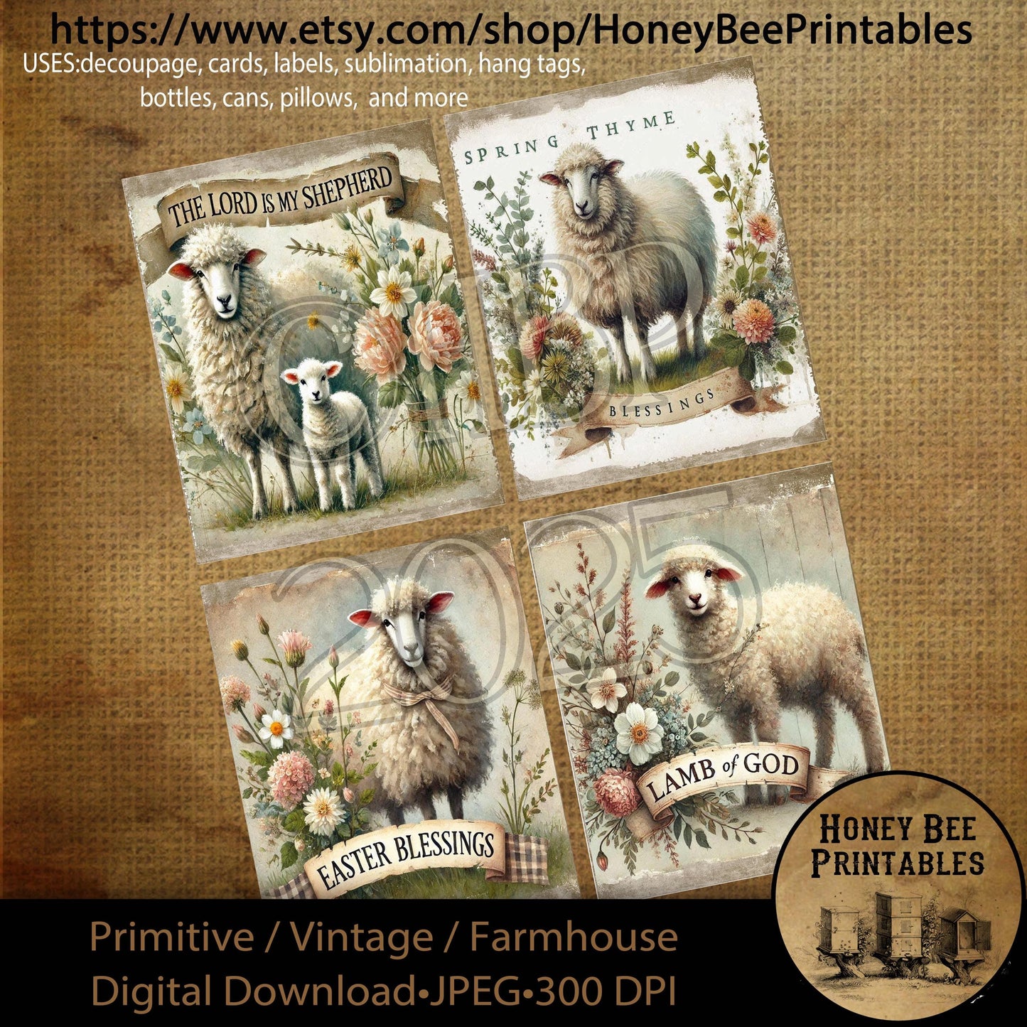 Digital Download, Digital Art, Printable, Decoupage, Primitive, Craft Supplies, 4x5, Sheep, Lamb, Easter Blessings, Spring, Shepherd, Floral