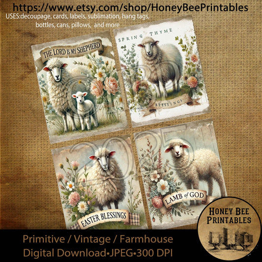 Digital Download, Digital Art, Printable, Decoupage, Primitive, Craft Supplies, 4x5, Sheep, Lamb, Easter Blessings, Spring, Shepherd, Floral