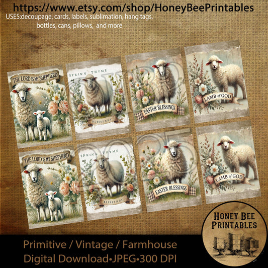 Digital Download, Digital Art, Printable, Decoupage, Primitive, Craft Supplies,  ATC, Cards, Sheep, Lamb, Easter Blessings, Spring, Shepherd
