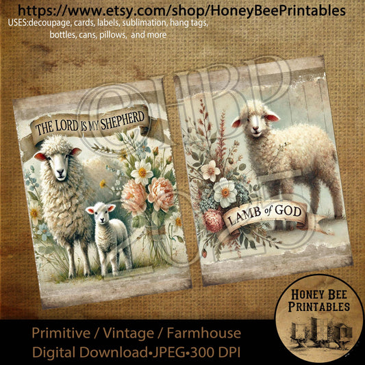 Digital Download, Digital Art, Printable, Decoupage, Primitive, Craft Supplies, 5x7, Sheep, Lamb, Lamb of God, The Lord is My Shepherd