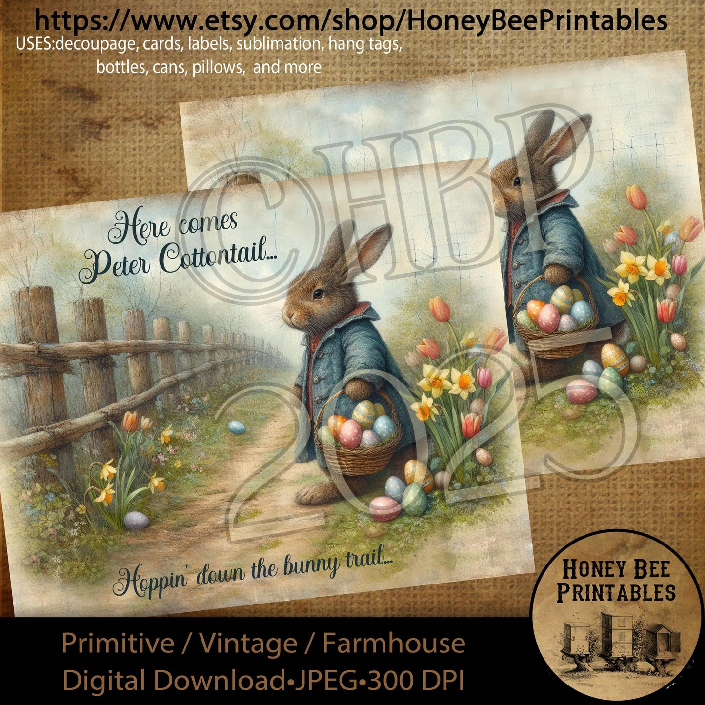 Digital Download, Printable, Decoupage, Primitive, Craft Supplies, Vintage, Rustic, Easter, Peter Cottontail, Rabbit, Bunny Trail, Basket