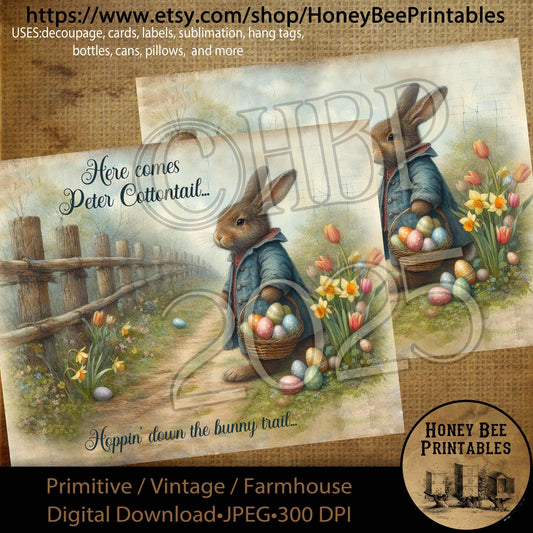 Digital Download, Printable, Decoupage, Primitive, Craft Supplies, Vintage, Rustic, Easter, Peter Cottontail, Rabbit, Bunny Trail, Basket