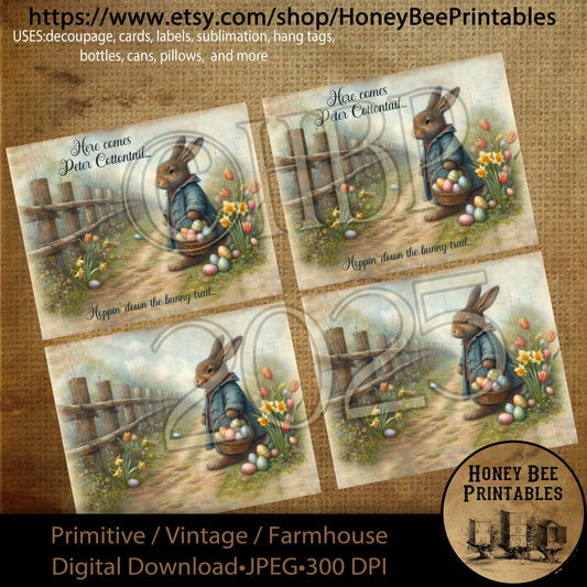 Digital Download, Digital Art, Printable, Decoupage, Primitive, Craft Supplies, 4x5, Rabbit, Easter, Peter Cottontail, Bunny Trail, Basket