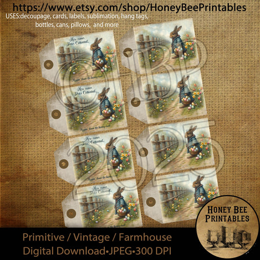 Digital Download, Digital Art, Printable, Decoupage, Primitive, Craft Supplies, Hang Tags, Peter Cottontail, Bunny Trail, Easter, Basket