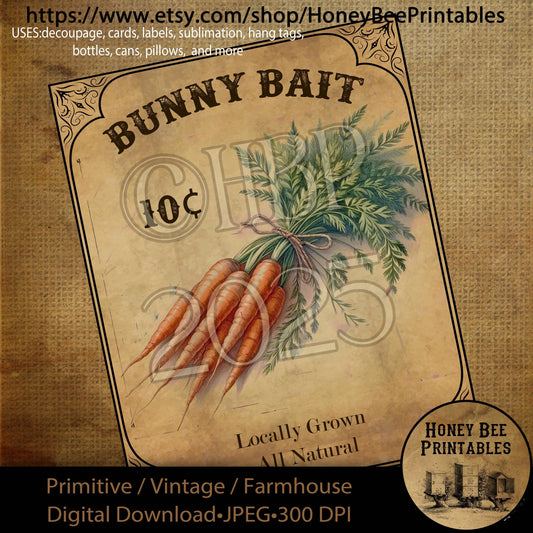 Digital Download, Printable, Decoupage, Primitive, Craft Supplies, Vintage, Rustic, Easter, Rabbit, Carrots, Bunny Bait, Farm Fresh, 8x10