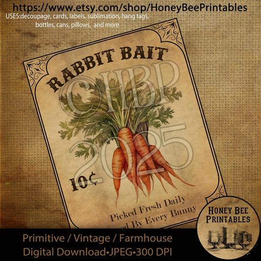 Digital Download, Printable, Decoupage, Primitive, Craft Supplies, Vintage, Rustic, Easter, Bunny, Carrots, Rabbit Bait, Farm Fresh, 8x10