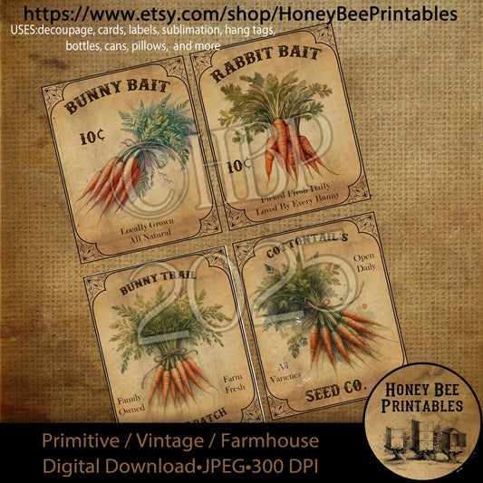 Digital Download, Digital Art, Printable, Decoupage, Primitive, Craft Supplies, 4x5, Easter, Bunny Trail, Carrots, Bunny Bait, Rabbit Bait