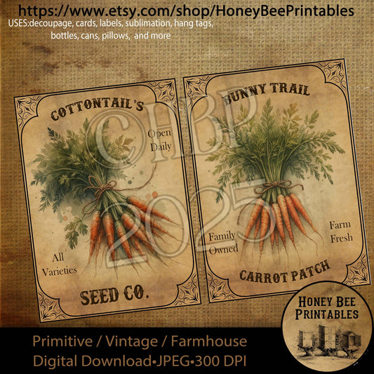 Digital Download, Digital Art, Printable, Decoupage, Primitive, Craft Supplies, 5x7, Set/2, Bunny Trail, Carrot Patch, Cottontail Seed Co