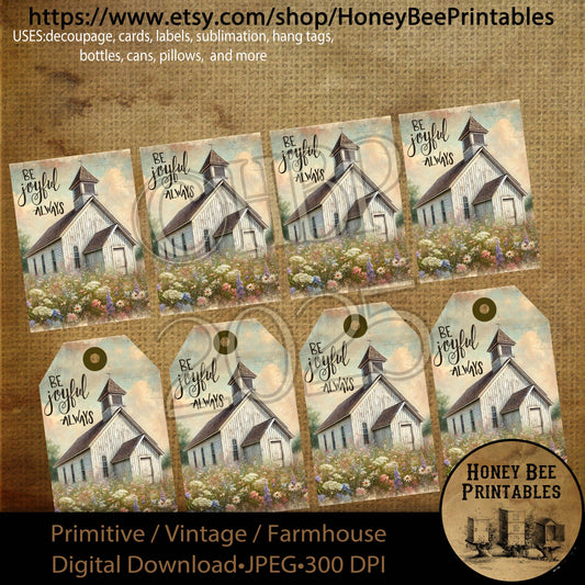 Digital Download, Printable, Decoupage, Primitive, Vintage, Rustic, Spring, Church, Chapel, Wildflowers, Be Joyful, Hand Lettering, ATC, Tag