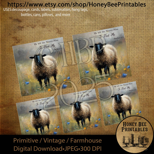 Digital Download, Printable, Decoupage, Primitive, Vintage, Sheep, Wildflowers, He Left the 99, Religious, Scripture, Bible, 4x4, 3x3