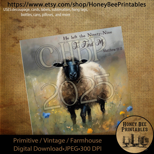 Digital Download, Printable, Decoupage, Primitive, Vintage, Spring, Wildflowers, Sheep, Matthew 18, He Left the 99, Religious, Bible, 8x8