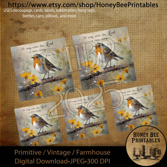 Digital Download, Printable, Decoupage, Primitive, Vintage, Bird, Wildflowers, Religious, Bible Verse, Robin, Sing Unto the Lord, 4x4, 3x3