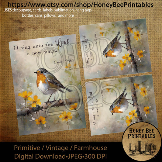 Digital Download, Printable, Decoupage, Primitive, Vintage, Wildflowers, Bird, Bible Verse, Religious, Robin, Sing Unto The Lord,  5x7, 4x5