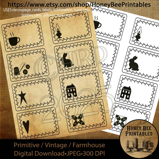 Digital Download, Digital Art, Printable, Decoupage, Prim, Craft Supply, ATC, Cards, Set 3, Coffee, Lantern, Rabbit, Star, Heart, Saltbox