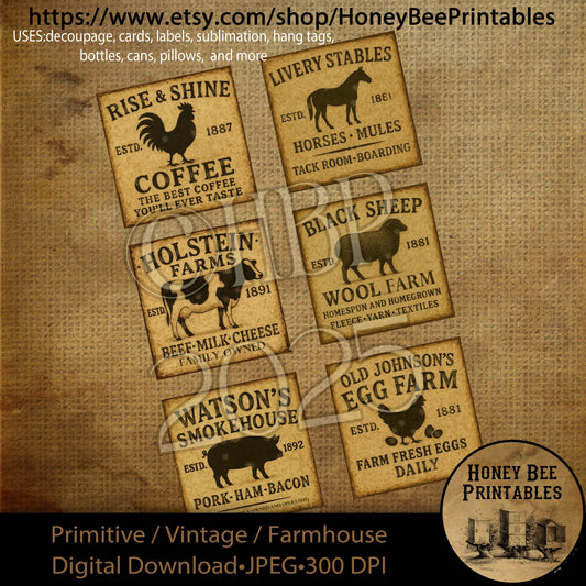 Digital Download, Digital Art, Printable, Decoupage, Prim, Craft Supply, Cow, Rooster, Chicken, Sheep, Horse, Pig, Farm Animals, Labels, 3x3