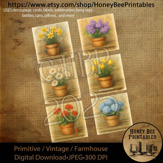 Digital Download, Digital Art, Printable, Decoupage, Prim, Craft Supply, Labels, 3x3, Tulips, Daffodils, Lilacs, Geranium, Daisies, Flowers