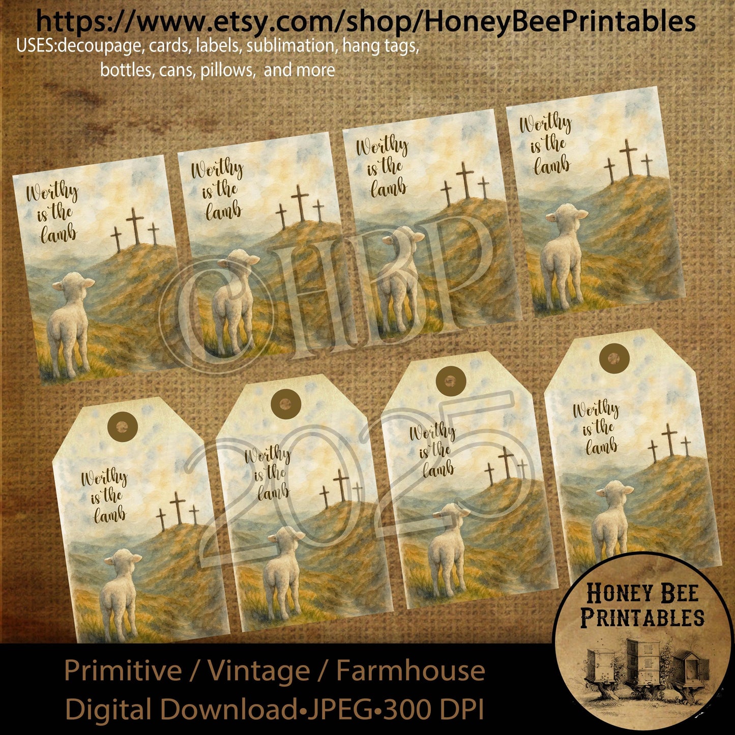 Digital Download, Printable, Decoupage, Primitive, Vintage, Rustic, Spring, Church, ATC, Hang Tag, Worthy is the Lamb, Sheep, Cross, Easter