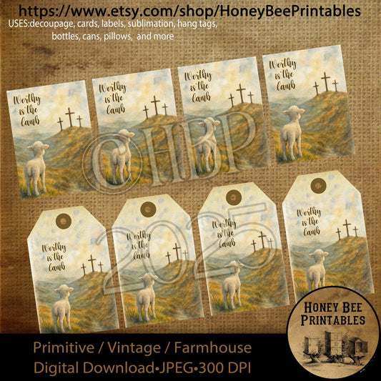 Digital Download, Printable, Decoupage, Primitive, Vintage, Rustic, Spring, Church, ATC, Hang Tag, Worthy is the Lamb, Sheep, Cross, Easter